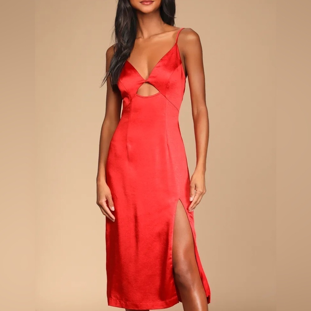 LULU’s Women’s Red Satin Cutout bodycon Dress X Small Spaghetti Straps Side Slit - Picture 8 of 8